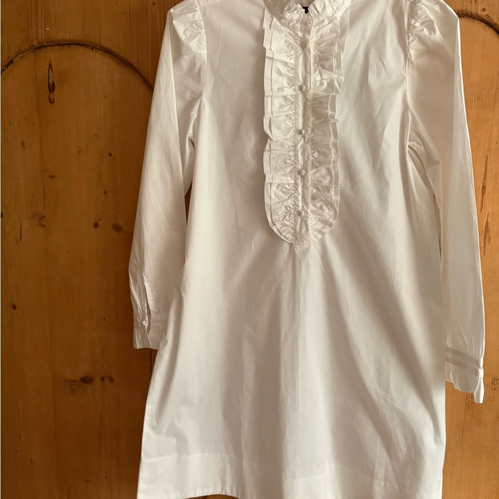 J. Crew White Ruffle-Front Long Sleeve Dress